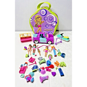 Polly Pocket Lot – Dolls, Car, Scooter, Clothes & Accessories w/ Carrying Case (